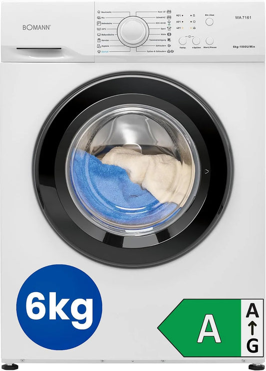 Bomann Waschmaschine 1000 WA 7161, Gewicht 6kg, 5 Jahre Motor, Temperatur bis zu 90°C, 16 Betriebsprogramme, max. U, Washing Machine, Min.