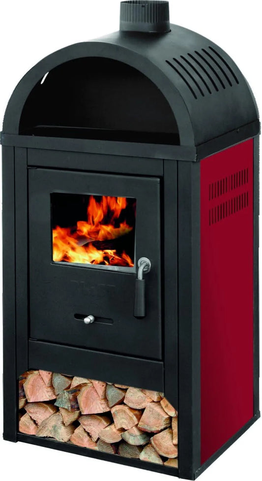 Holzofen 1E+1 LMI, 24 Monate, Entlüftungsfrei, Modern, Warmhaltevorrichtung, in freistehender Ausführung, Ecke, 1 kW, DIPLOMAT ROT