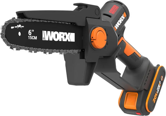 Worx Modell WG327E, Akku Mini-Kettensäge 20V, 15cm Schwertlänge, inklusive 2Ah Akku und Ladegerät, Spannung 20V, bürstenloser Motor, kompakt