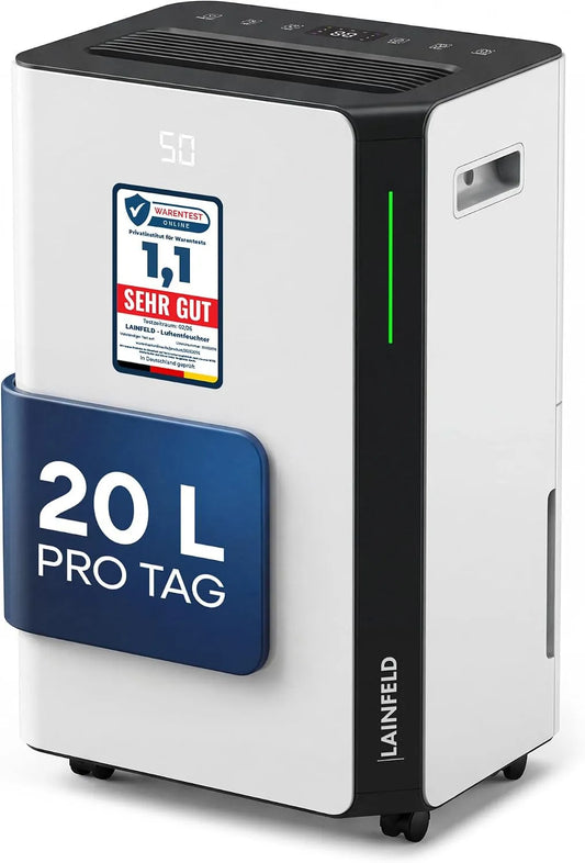 Luftentfeuchter, 20 L/Tag, Niedriger Energieverbrauch, Ablaufschlauch für Dauerbetrieb, Elektrischer Raumentfeuchter Dehumidifier