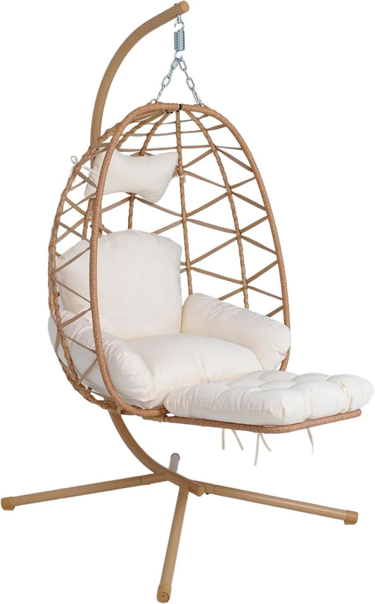 Gestell & Fußstütze Hängesessel mit, PE Rattan Hängesessel für Balkon, Gelber Rahmen, Belastbar bis 200 kg, Klappbarer Egg Chair Outdoor